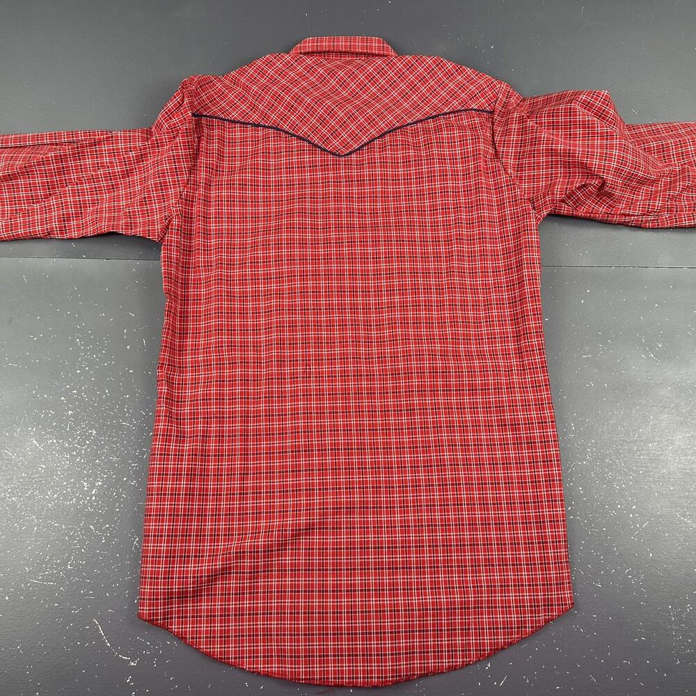 VTG Karman Shirt Mens MT Red Navy Micro Check Plaid Calvary Bib Rockabilly USA - Picture 8 of 8